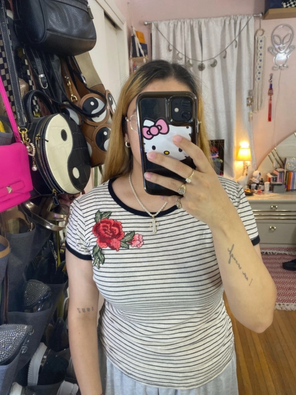 Discreet Black & White Striped Short-Sleeve Tee with Red Rose Patch
